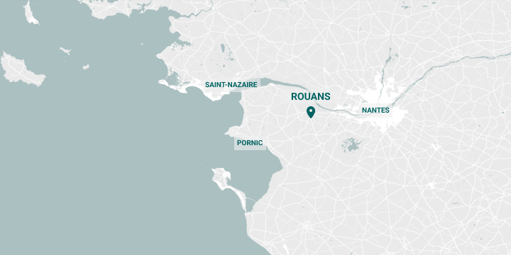 Carte situant la ville de Rouans par rapport aux villes de Nantes, Pornic et Saint-Nazaire