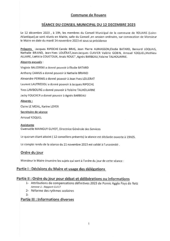 Image du document Compte Rendu du Conseil Municipal du 12 décembre 2023